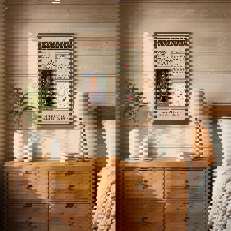 Wedding proposal map and calendar canvas in rustic farmhouse style, personalized location and date, horizontal layout decor