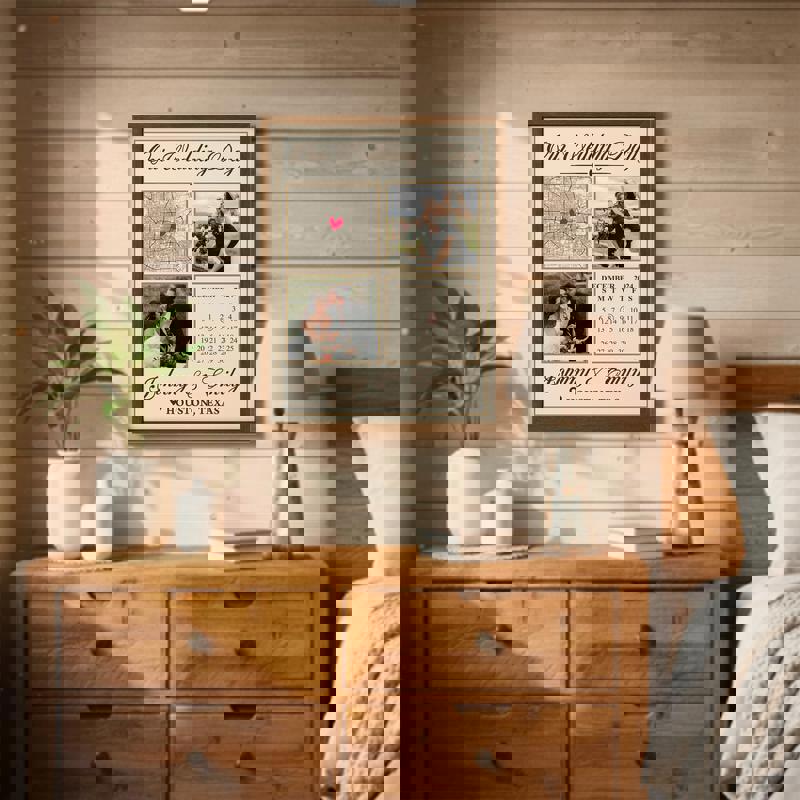 Wedding day calendar canvas art, personalized with names and date, rustic palette, portrait layout, gift for newlyweds