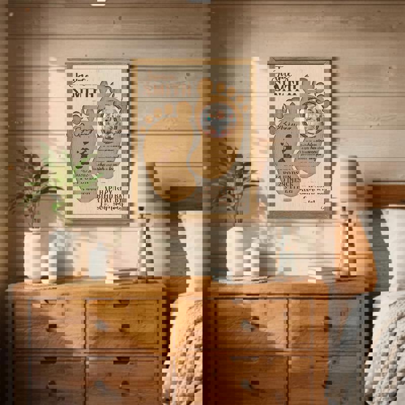 Baby footprints canvas wall art for first birthday, personalized with child's name, photo, and milestone stats, portrait