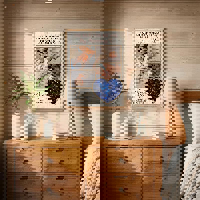 New mom star map canvas, collage grid, earthy palette, custom name and date, rustic accent for living room or nursery