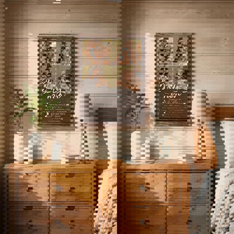 Rustic bonus mom photo collage canvas, personalized family photos on distressed wood backdrop, sentimental Mother’s Day gift