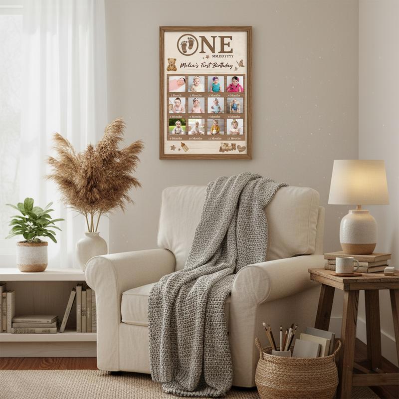 Baby milestone first birthday photo collage canvas, rustic farmhouse wall art, custom centerpiece for nursery or playroom.