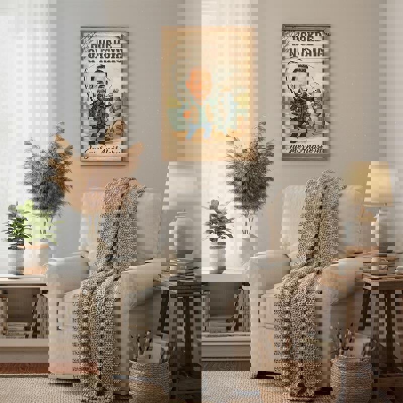 Fisherman caricature custom portrait, bearded angler in beanie, woodgrain background; personalized rustic cabin decor Fisherman caricature custom portrait, bearded angler in beanie, woodgrain background; personalized rustic cabin decor