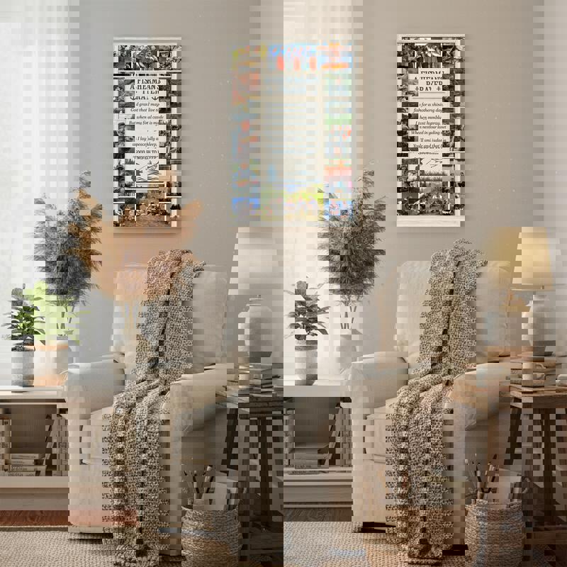 Fisherman’s Prayer photo collage canvas in teal coastal, five photos with lure icons, personalized family name for man cave