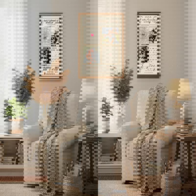 Wedding day calendar canvas, custom names with wedding date marked, rustic farmhouse wall decor, gift for bride and groom