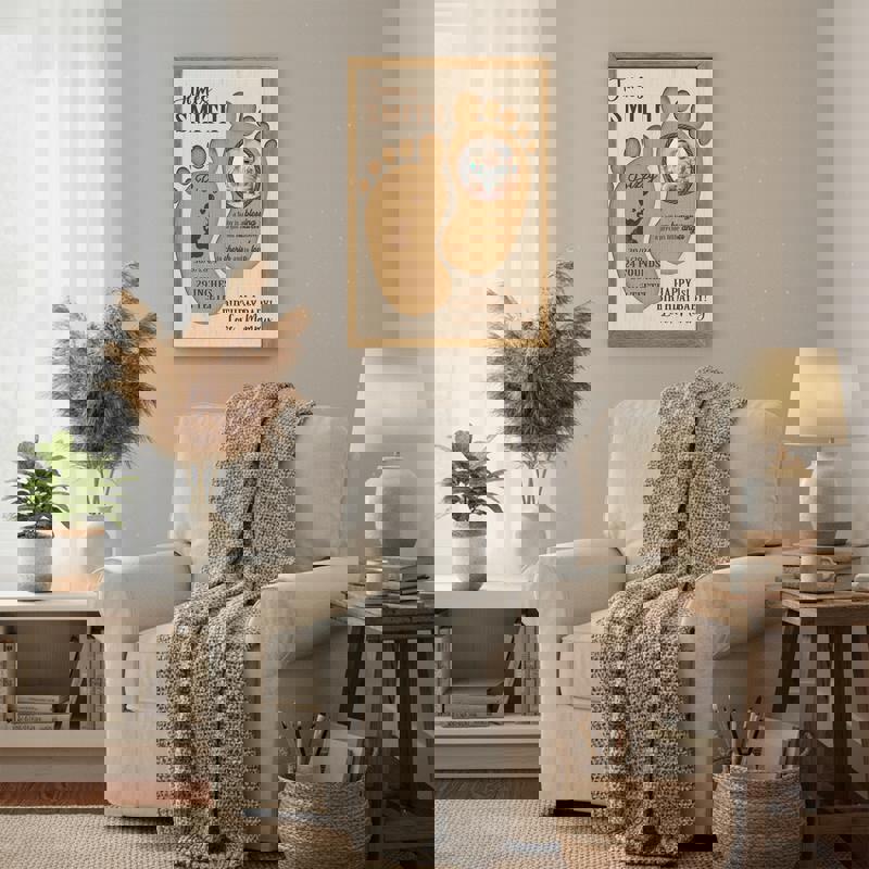 First birthday stats canvas wall art featuring baby footprints, custom name and date, photo collage, nursery decor, pastel