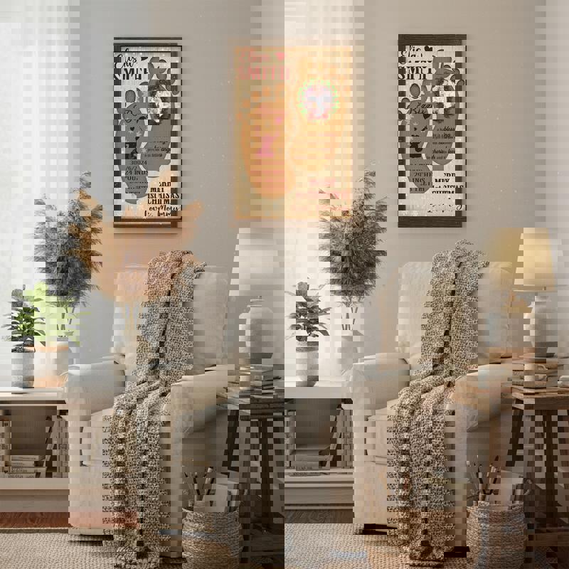 Baby footprints canvas wall art, beige background, personalized name and date, first Christmas keepsake for godparents