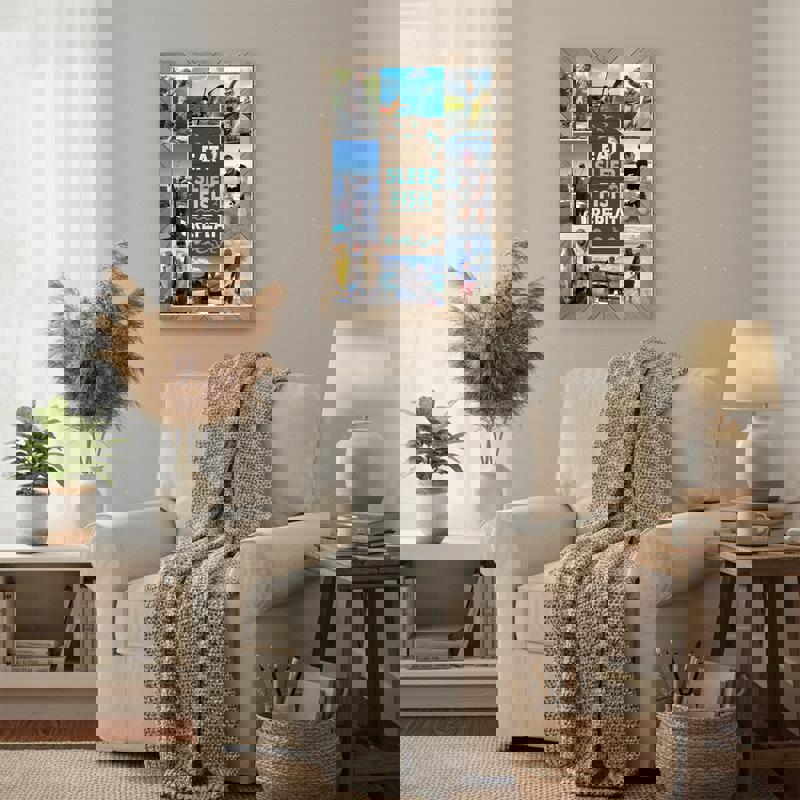 Fishing photo collage canvas wall art, personalized with dates and names, rustic coastal style for an angler dad or grandpa