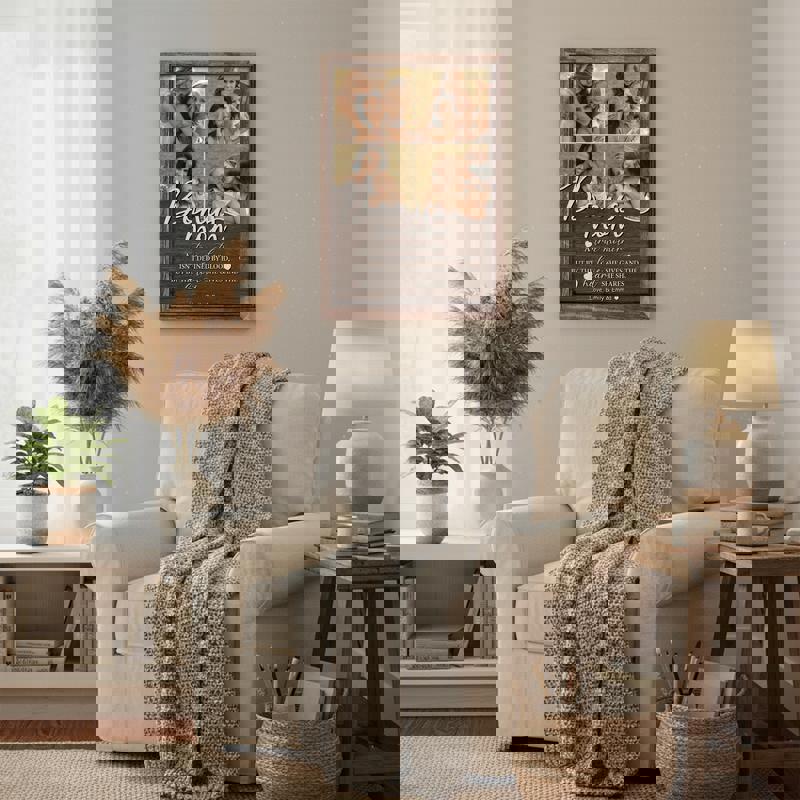 Rustic bonus mom photo collage canvas, custom names and multiple photos, warm living room decor and thoughtful birthday gift