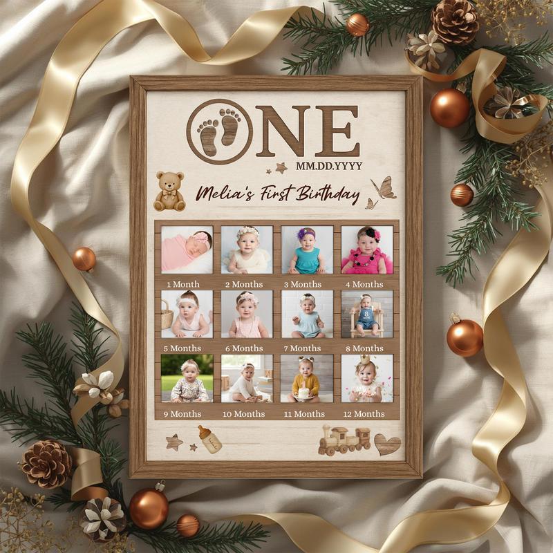 First birthday photo collage canvas wall art, rustic farmhouse aesthetic, personalized with your baby photos, keepsake gift.