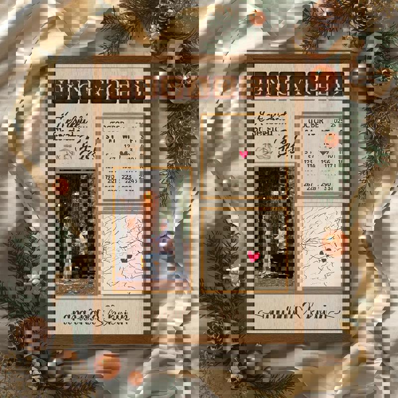 Wedding proposal canvas print with custom map and calendar, wood texture background, script typography, bedroom wall art