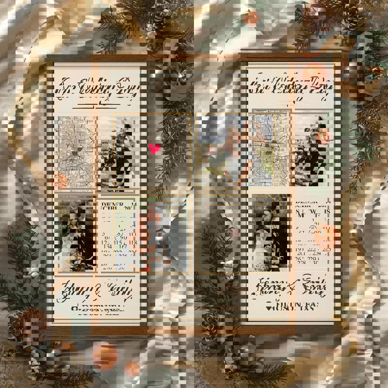 Wedding day calendar print on canvas, personalized with last name and ceremony date, rustic farmhouse style for gallery wall