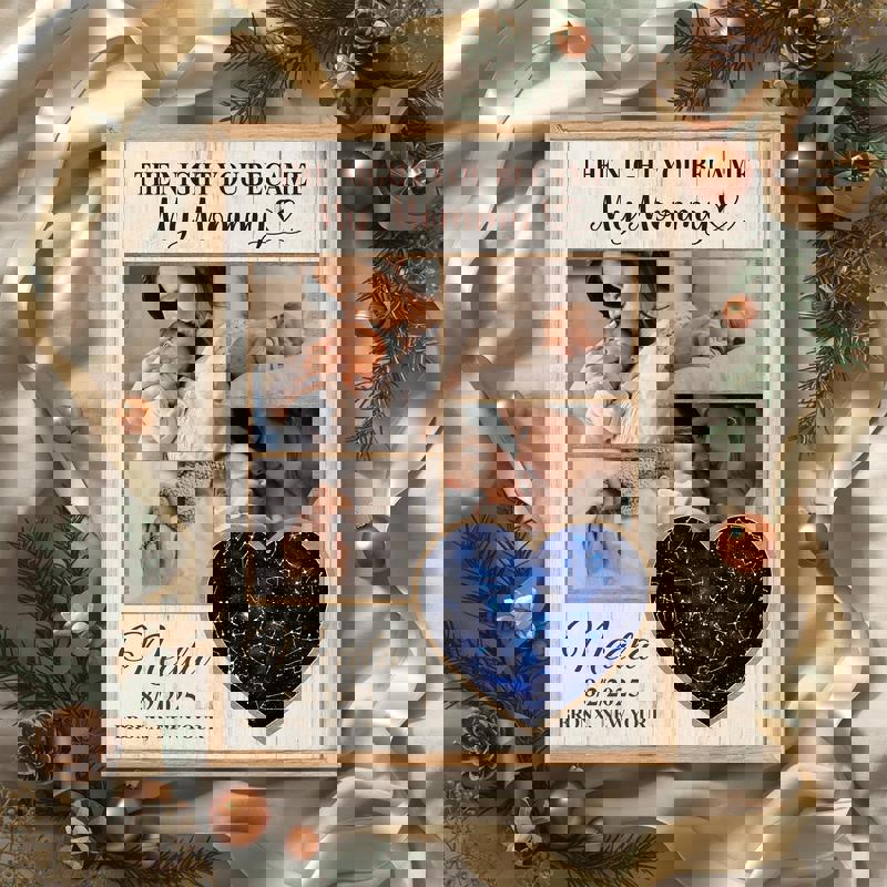 New mom star map canvas with photo collage, cream minimalist backdrop, personalized name and birth stats, sentimental decor