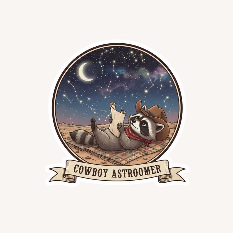 Cowboy Raccoon Star Map Gazer Sticker - Raccsy
