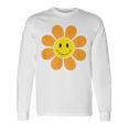 オレンジ70年代レトロファンキーフラワー、イエロースマイルフェイス 長袖Tシャツ ギフトのアイデア
