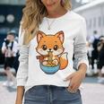 かわいいキツネを食べるラーメンかわいい動物アート 長袖Tシャツ 彼女への贈り物