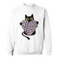 ピンクのヒョウ柄ハートを持つ黒猫 スウェットシャツ