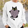 ピンクのヒョウ柄ハートを持つ黒猫 スウェットシャツ 彼への贈り物