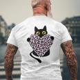 ピンクのヒョウ柄ハートを持つ黒猫 メンズTシャツ バックプリント 高齢者への贈り物