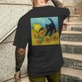 面白いゴッホのひまわり、猫のミーム、黒猫のアート。 長袖tシャツ メンズTシャツ バックプリント 彼への贈り物
