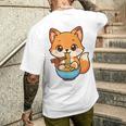 かわいいキツネを食べるラーメンかわいい動物アート メンズTシャツ バックプリント 彼への贈り物