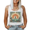 夕焼けの戦士ポーズ、ヨガの自然のイラスト、花柄。 レディースタンクトップ