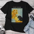 面白いゴッホ風変わりな猫とひまわりの花瓶パロディアート レディースTシャツ 面白い贈り物