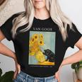 面白いゴッホ風変わりな猫とひまわりの花瓶パロディアート レディースTシャツ 彼女への贈り物