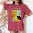 面白いゴッホ風変わりな猫とひまわりの花瓶パロディアート レディースオーバーサイズコンフォートTシャツ Crimson