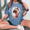 シャム猫 日本の桜 花柄 水彩 猫 レディースオーバーサイズコンフォートTシャツ Blue Jean