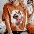 シャム猫 日本の桜 花柄 水彩 猫 レディースオーバーサイズコンフォートTシャツ Yam