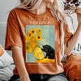 面白いゴッホ風変わりな猫とひまわりの花瓶パロディアート レディースオーバーサイズコンフォートTシャツ Yam
