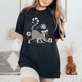 かわいい花 面白い動物キツネザル レディースオーバーサイズコンフォートTシャツ Black