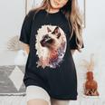 シャム猫 日本の桜 花柄 水彩 猫 レディースオーバーサイズコンフォートTシャツ Black