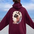 シャム猫 日本の桜 花柄 水彩 猫 レディース オーバーサイズ パーカー バックプリント Maroon