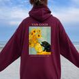 面白いゴッホ風変わりな猫とひまわりの花瓶パロディアート レディース オーバーサイズ パーカー バックプリント Maroon