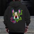 Boston Terrier In Day Of The Dead Sugar Skull Dog Men Zip Up Hoodie Back Print, funny design