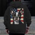 Boston Terrier Dog American Flag 4th Of July Patriotic Puppy Men Zip Up Hoodie Back Print, Patriotic Boston Terrier Gifts, American Boston Terrier Gifts, Boston Terrier 4th Of July Gifts, funny design