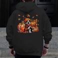 Boston Terrier Thanksgiving Leopard Pumpkins Fall Leaves Men Zip Up Hoodie Back Print, Boston Terrier Thanksgiving Gifts, funny design