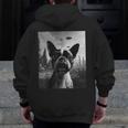 Dog Mom Dad Alien Selfie Boston Terrier UFO For Men Women Men Zip Up Hoodie Back Print, Couple Gifts, Mom Gifts, Boston Terrier Dad Gifts, Boston Terrier Mom Gifts, funny design