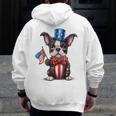 Boston Terrier Puppy Dog Holds His American Flag 4th Of July Men Zip Up Hoodie Back Print, American Boston Terrier Gifts, Boston Terrier 4th Of July Gifts, funny design