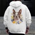 Floral Boston Terrier Men Zip Up Hoodie Back Print, funny design