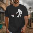 Bigfoot Walking With Bull Terrier Dog Unisex T-Shirt, funny design
