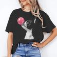 Boston Terrier Dog Blowing Chewing Bubble Gum Pink Women's T-Shirt, trending gift