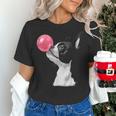 Boston Terrier Dog Blowing Chewing Bubble Gum Pink Women's T-Shirt, gift for family, gift for coworker