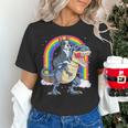 Boston Terrier Riding Dinosaur T-Rex Boys Kids Rainbow Women's T-Shirt, Boston Terrier Riding Shirts, gift for family, gift for coworker