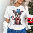 Boston Terrier Puppy Dog Holds His American Flag 4th Of July Women's T-Shirt, American Boston Terrier Shirts, Boston Terrier 4th Of July Shirts, gift for family, gift for coworker