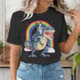 Boston Terrier Riding Dinosaur T-Rex Boys Kids Rainbow Women's T-Shirt, Boston Terrier Riding Shirts, funny gift