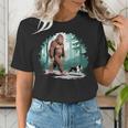 Whimsical Forest Adventures Sasquatch Bigfoot Walking Boston Terrier Dog Lovers Women's T-Shirt, funny gift
