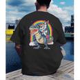 Boston Terrier Unicorn Riding Dinosaur T-Rex Girls Rainbow Men's Back Print T-Shirt, funny gift
